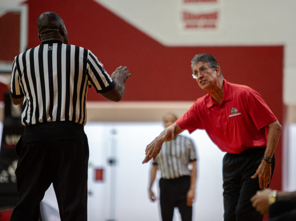 Coach Alcala arguing with referee during the San Antonio College Armadillos vs University of Incarnate Word Cardinals Men's Basketball Game on 2/7/2024 at the UIW Cervera Wellness Center.