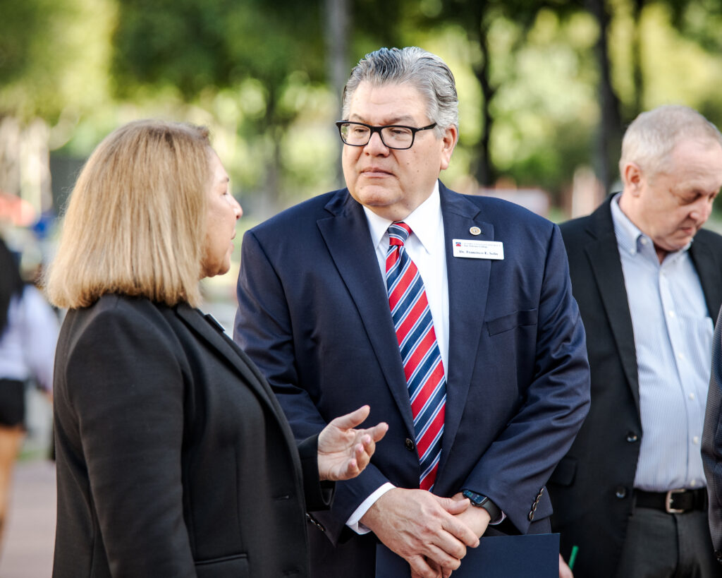 San Antonio College Interim President Dr. Francisco Solis speaks to SAC Vice President of College Services Dr. Stella Lovato at SAC’s Patriot Day remembrance ceremony Sept. 11. Solis addressed students’ concerns at a “Pizza With the President” event Oct. 16. Photo by A. De Leon.