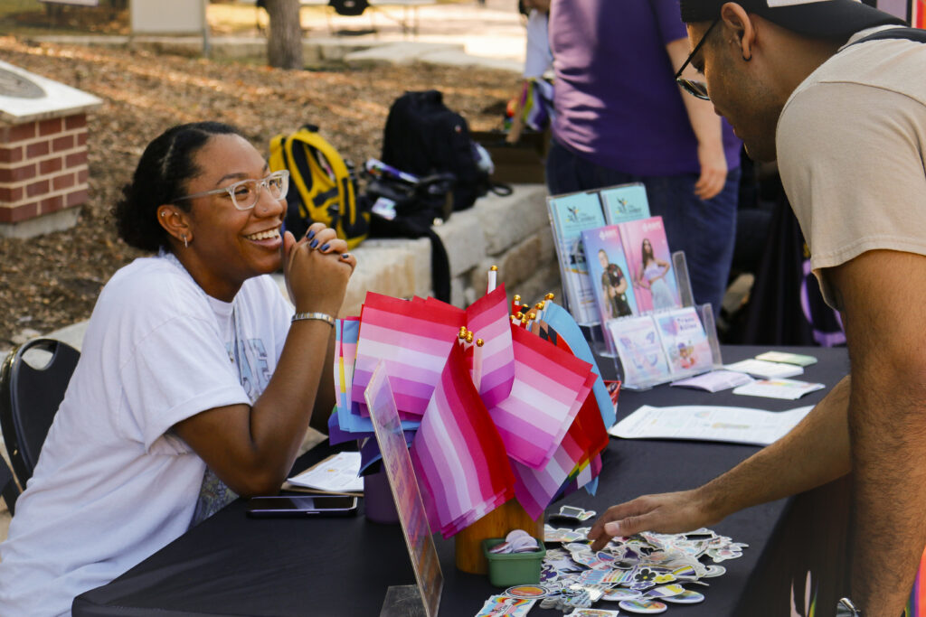 Sydney Varner from Pride Center San Antonio speaks with students at SAC’s National Coming Out Day celebration Oct. 10. Photo by D.J. Agleton