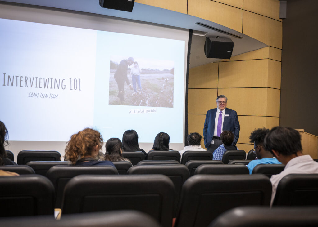 San Antonio College Interim President Dr. Francisco E. Solis speaks to students in the San Antonio Association of Hispanic Journalists’ Teen Team mentorship program, which holds its monthly meetings at SAC’s Jean Longwith Radio, Television and Film building. Photo by D.J. Agleton