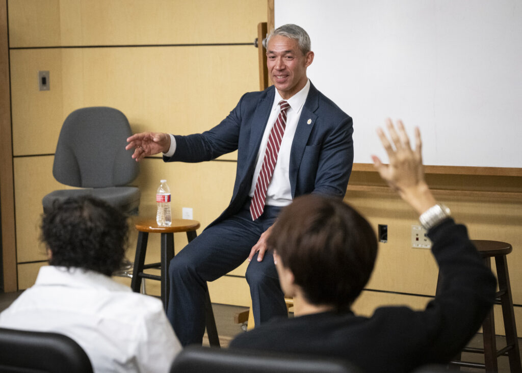 San Antonio Mayor Ron Nirenberg answers questions from students participating in the San Antonio Association of Hispanic Journalists’ Teen Team mentorship program, which holds its monthly meetings at SAC’s Jean Longwith Radio, Television and Film building. Photo by D.J. Agleton