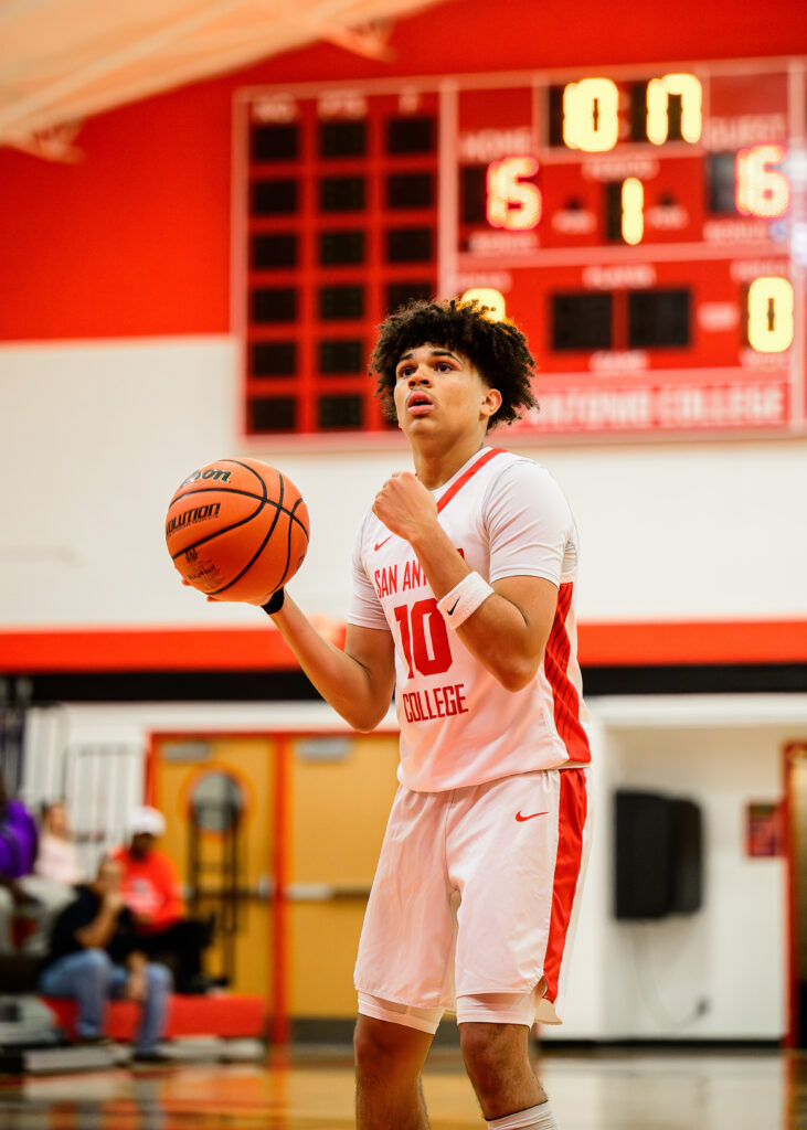 SAC Guard Kamirin Williams prepares for a free throw at SAC's Candler Physical Education Center Oct. 23. Efficiency from the foul line was a key to SAC’s victory. Photo by A. De Leon.