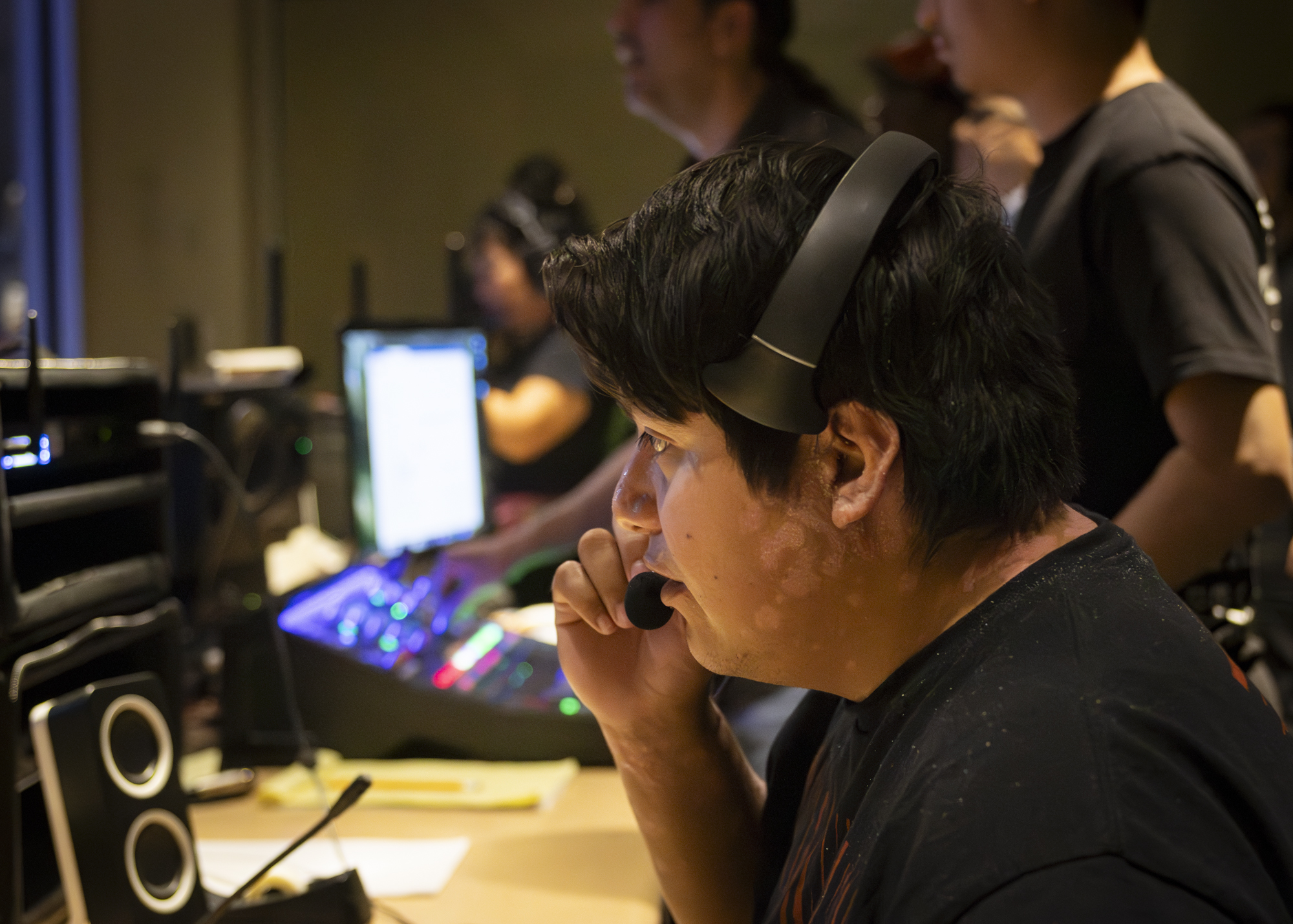 Students work on the audio production of the music video in Studio B of the Radio Television, and Film building Oct. 15. Photo by Pablo Viveros.