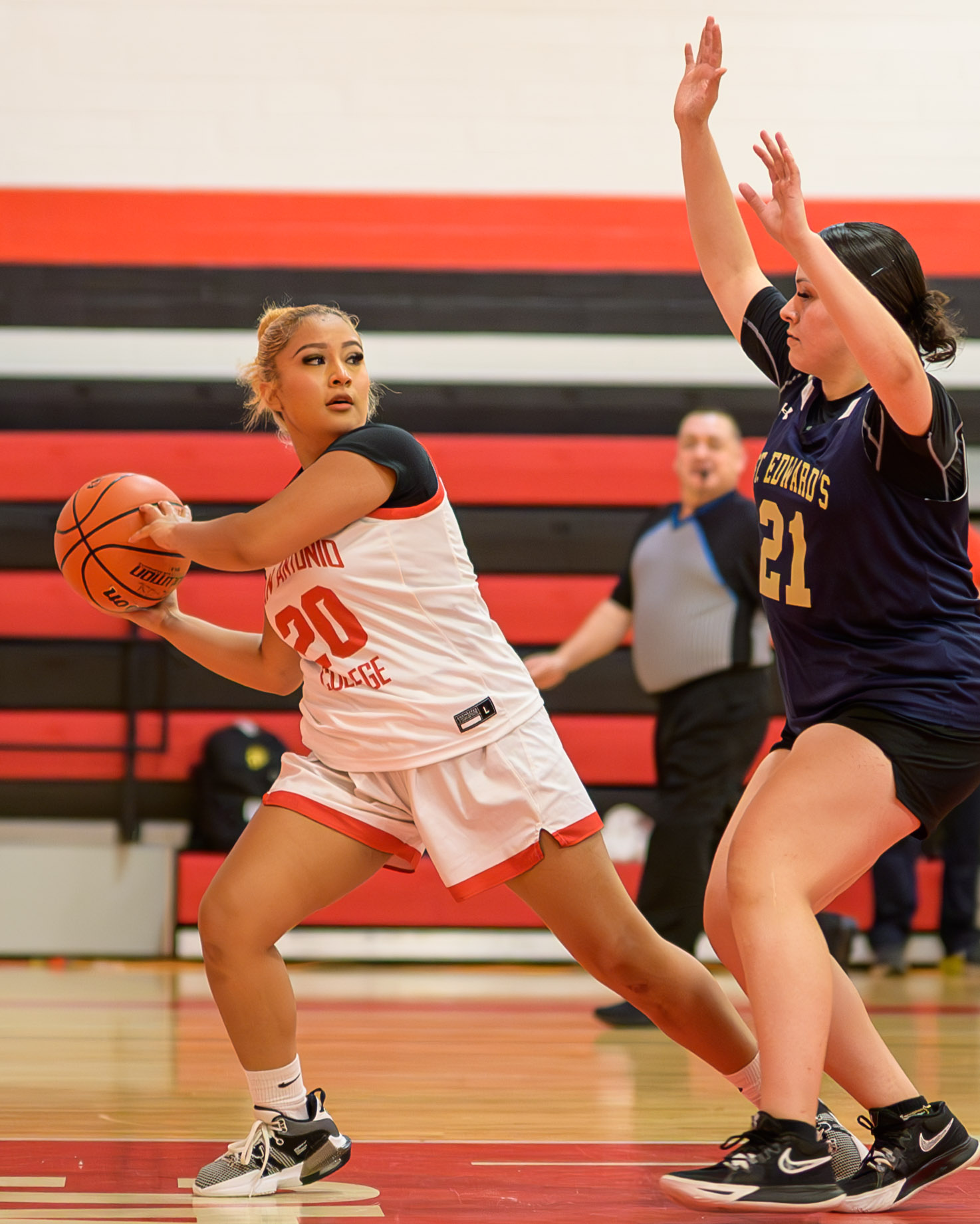 SAC's Islen Juarez looks for an opening against a Hilltopper defender at SAC's Candler Physical Education Center Oct. 30. Photo by A. De Leon.