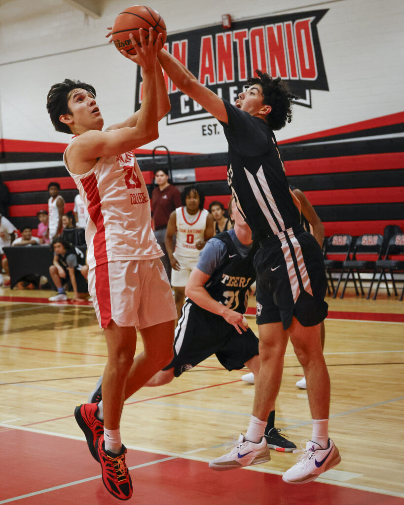 SAC Small Forward/Power Forward Jovan Jimenez springs into a layup at SAC’s Chandler Physical Education Center Wednesday. Photo by Thomas Solis.