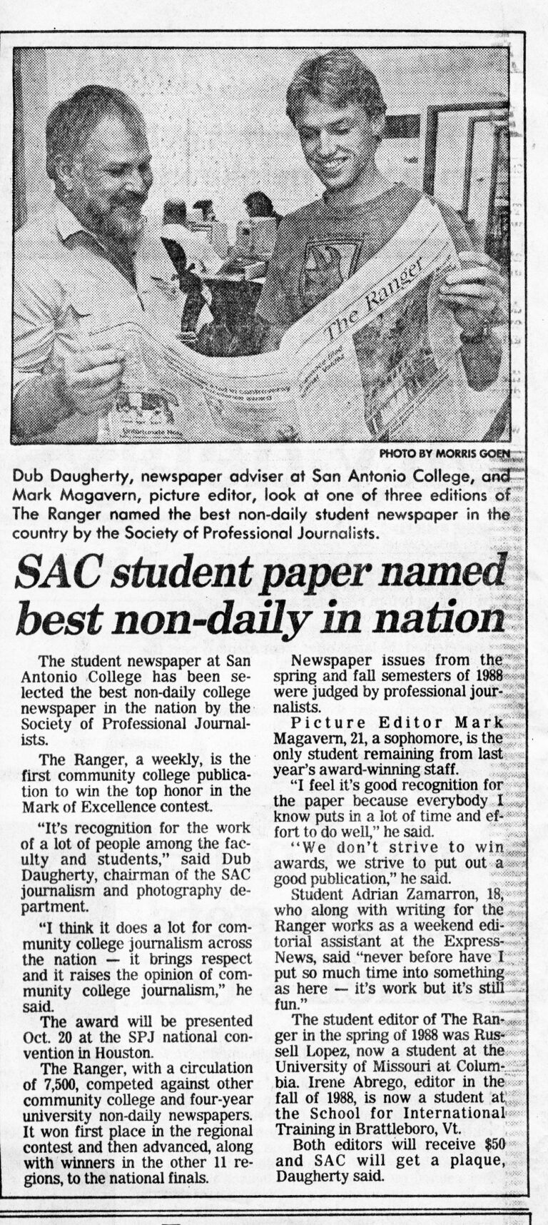 A newspaper clipping of the story announcing the Ranger’s selection by the Society of Professional Journalists as the best non-daily college newspaper in the nation. Archive image.