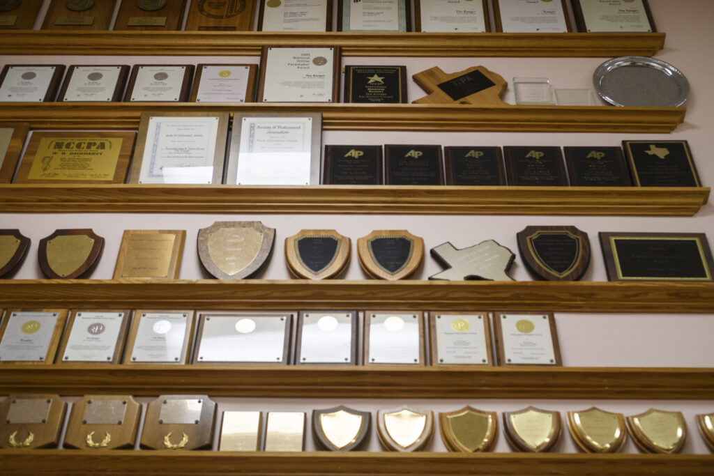 The Ranger and its staff won dozens of college journalism awards over the years, which hung on walls in the journalism department. Archive photo.