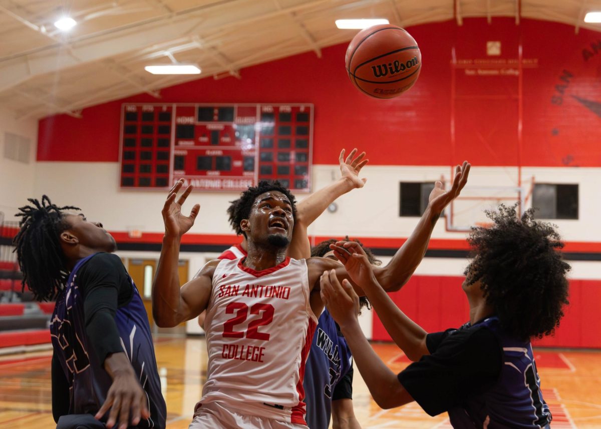 SAC center Reginald “Jack” Stewart goes for a rebound at SAC’s Candler Physical Education Center on Wednesday. Photo by Jacob R. Lopez.