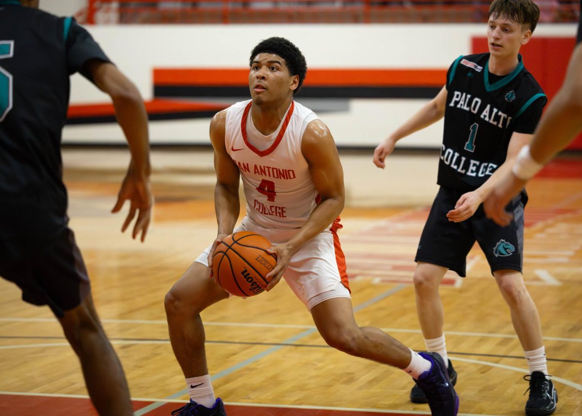 SAC point guard, Demetrice "Dee" Mims positions his shot, against Palo Alto College on Wednesday at the Candler Physical Education building. (Janelle Alemán)