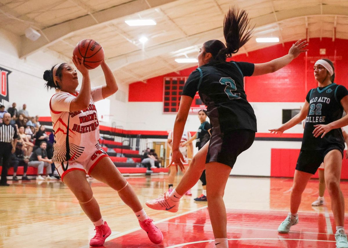 SAC forward Islen Juarez prepares for a jump shot during Wednesday’s game against Palo Alto College.