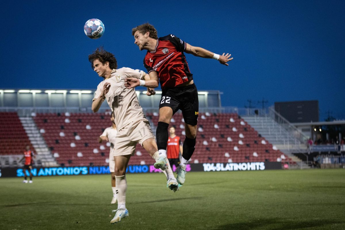 SAFC defender Emil Cuello and FC Tulsa midfielder Bailey Sparks collide while challenging for a header during U.S. Open match at Toyota Field Wednesday night