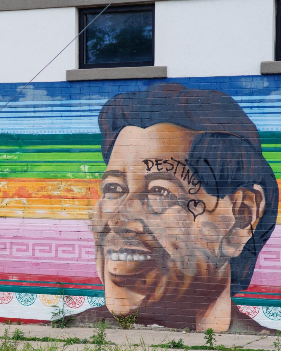 Mural of Cesar Chavez at 2601 S. Flores St, painted by Christopher Montoya, has been graffiti over.