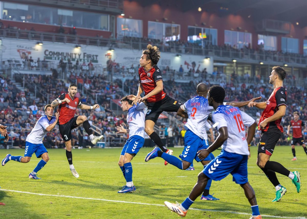 Tiago Suarez #43 Goes Up for a header against a Birmingham Legion FC defender Saturday night at Toyota Field.