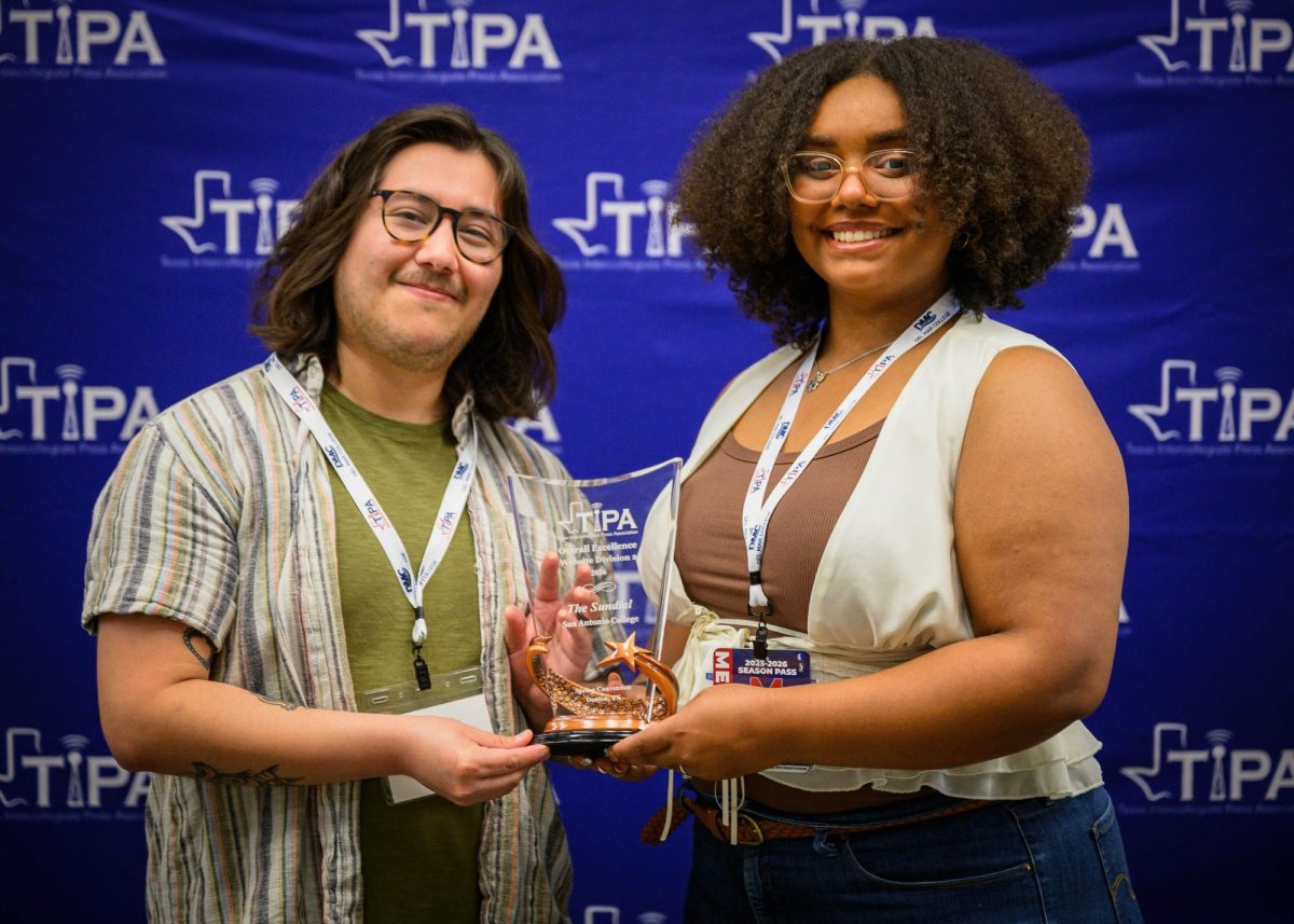 Sundial Managing Editor Aaron Martinez and Editor-in-Chief Natalia Edwards pose with the first place award for Overall Excellence: Website at the 2026 Texas Intercollegiate Press Association (TIPA) convention March 21. The Sundial staff took home 19 awards. (Photo courtesy of Ethan E. Rocke)