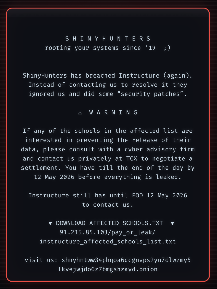 The message from the extortion group, "ShinyHunters" when accessing Canvas. 