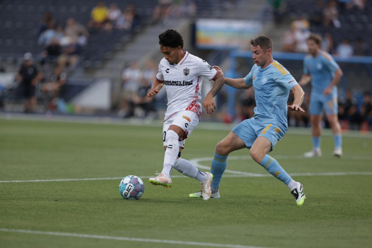 SAFC midfielder Jorge Hernandez battles for possession against Sporting Jax Wednesday night in Jacksonville, FL