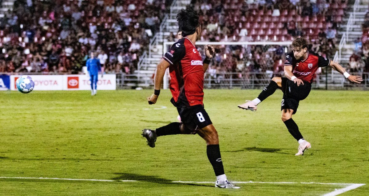 SAFC defender Emil Cuello fires a shot on goal against Las Vegas Lights FC on Saturday night at Toyota Field